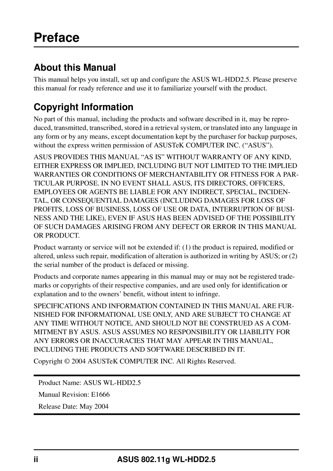 Asus WL-HDD2.5 user manual About this Manual, Copyright Information 