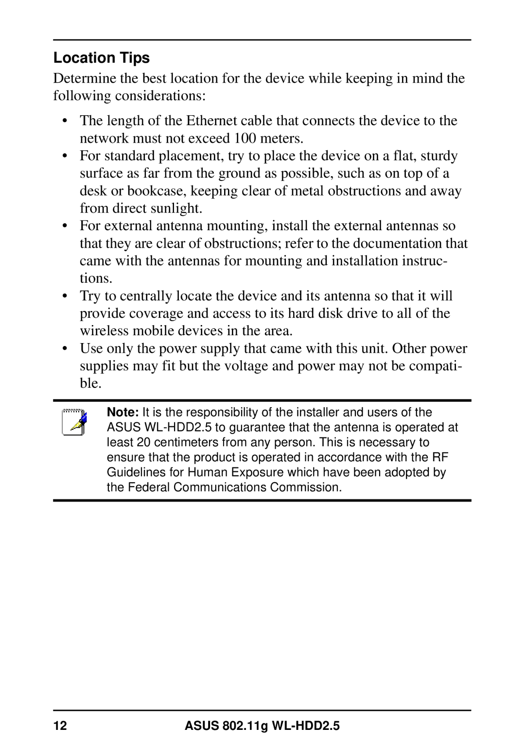 Asus WL-HDD2.5 user manual Location Tips 