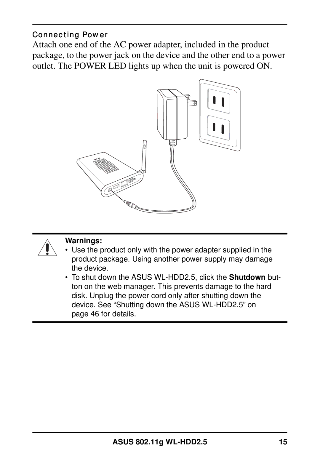 Asus WL-HDD2.5 user manual Connecting Power 