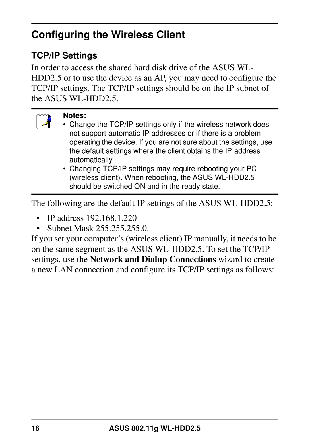 Asus WL-HDD2.5 user manual Configuring the Wireless Client, TCP/IP Settings 