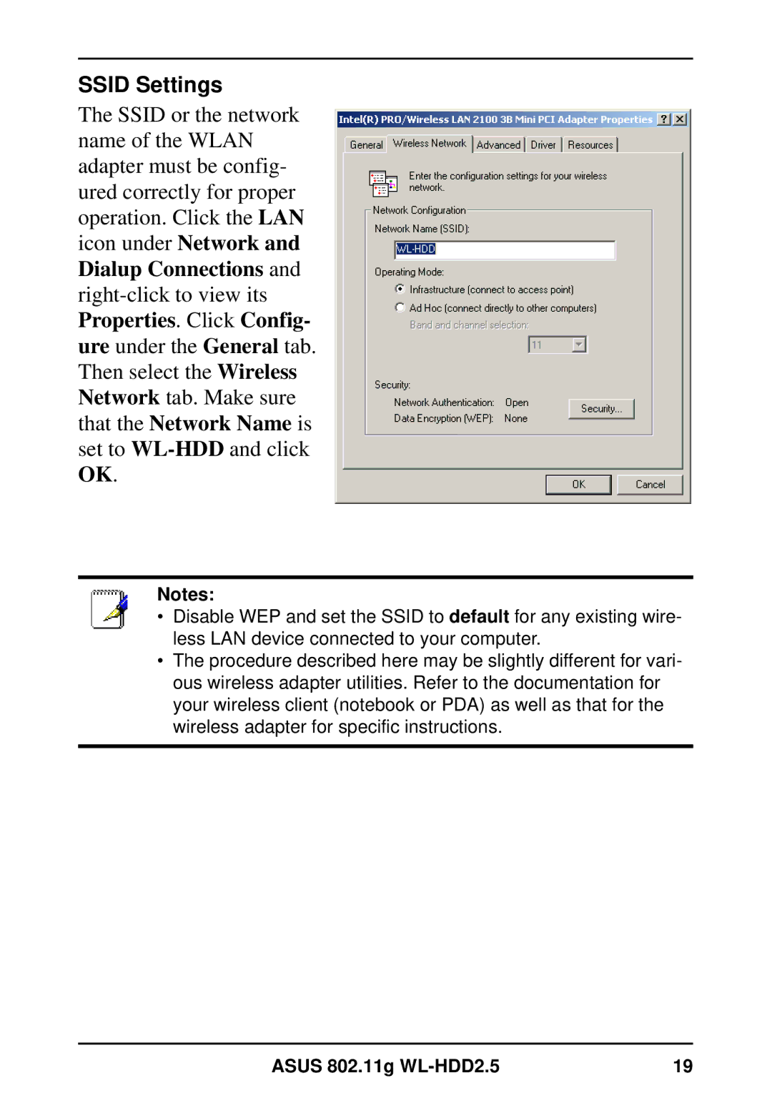 Asus WL-HDD2.5 user manual Ssid Settings 