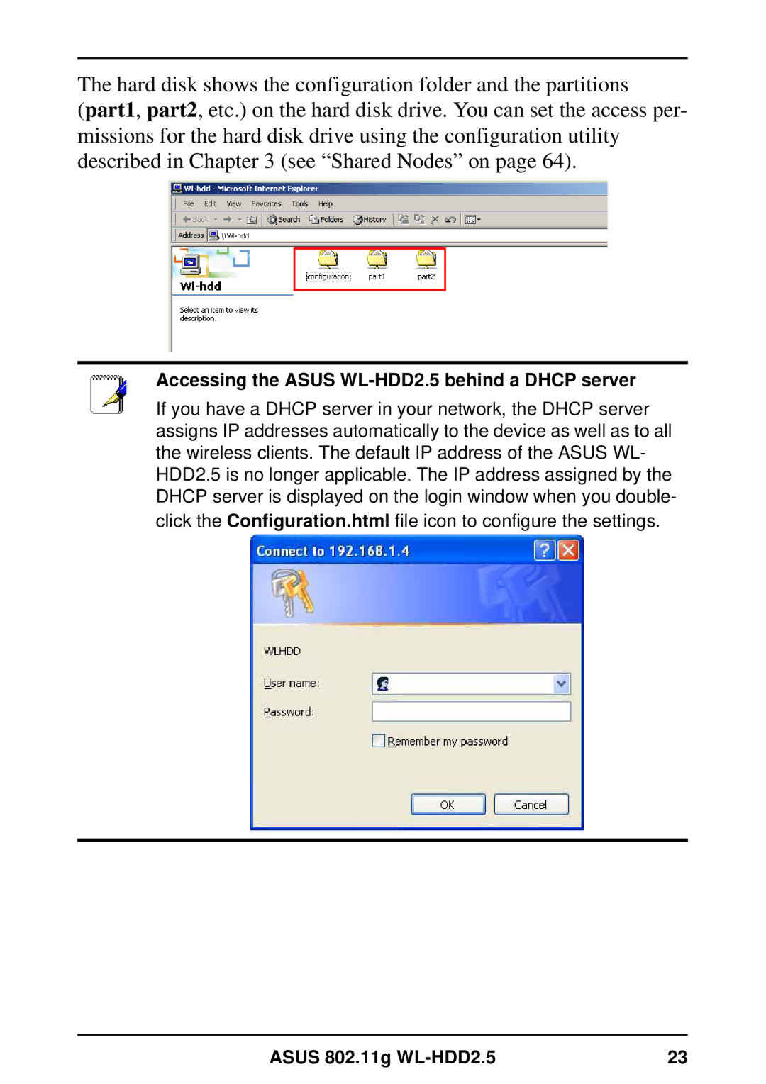 Asus user manual Accessing the Asus WL-HDD2.5 behind a Dhcp server 