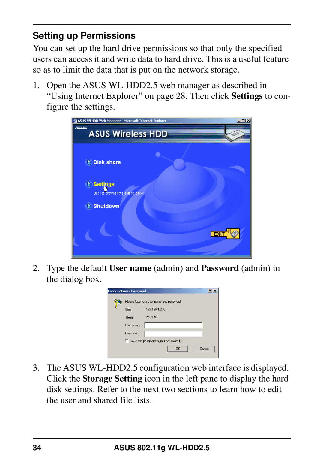 Asus WL-HDD2.5 user manual Setting up Permissions 