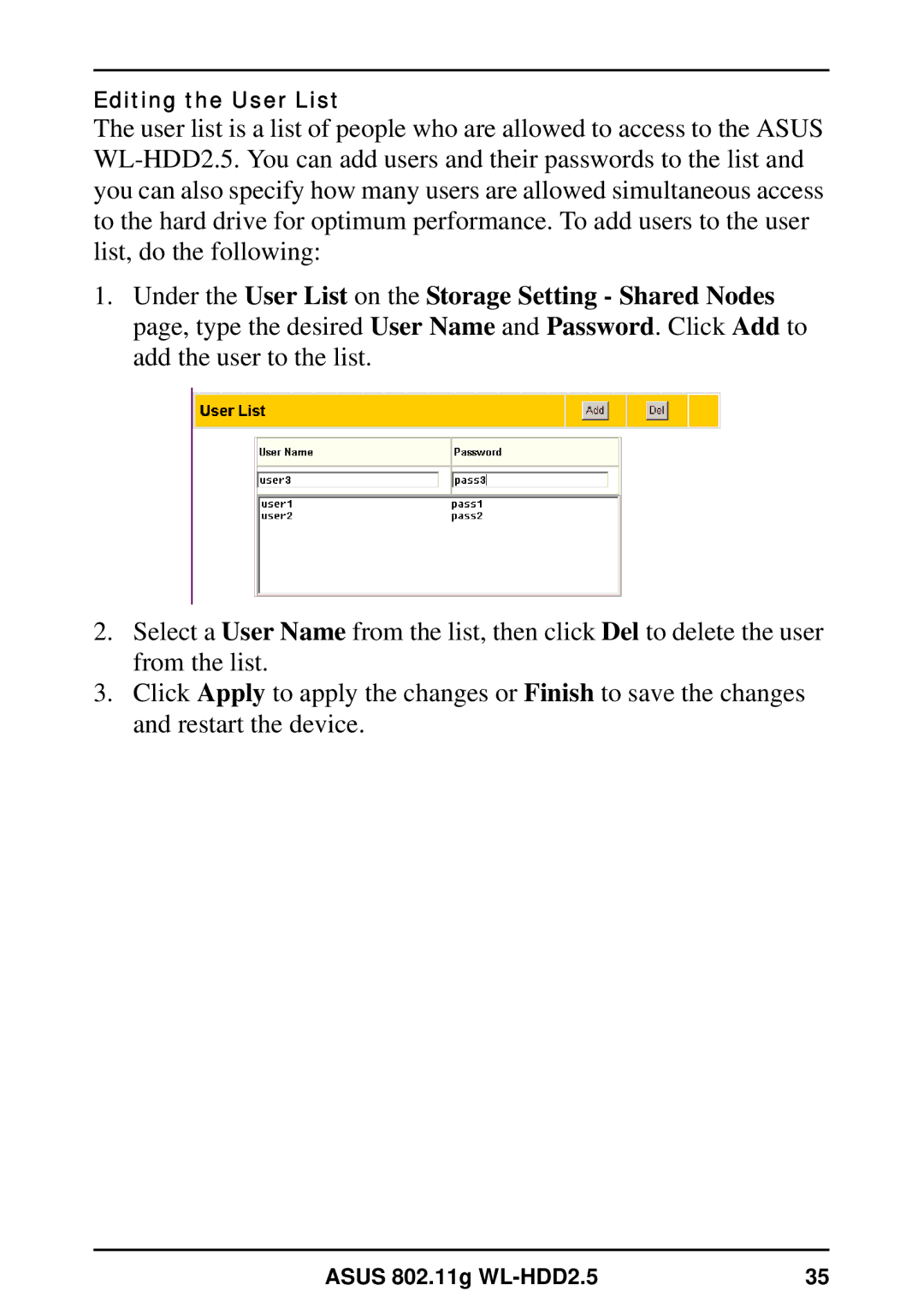 Asus WL-HDD2.5 user manual Editing the User List 