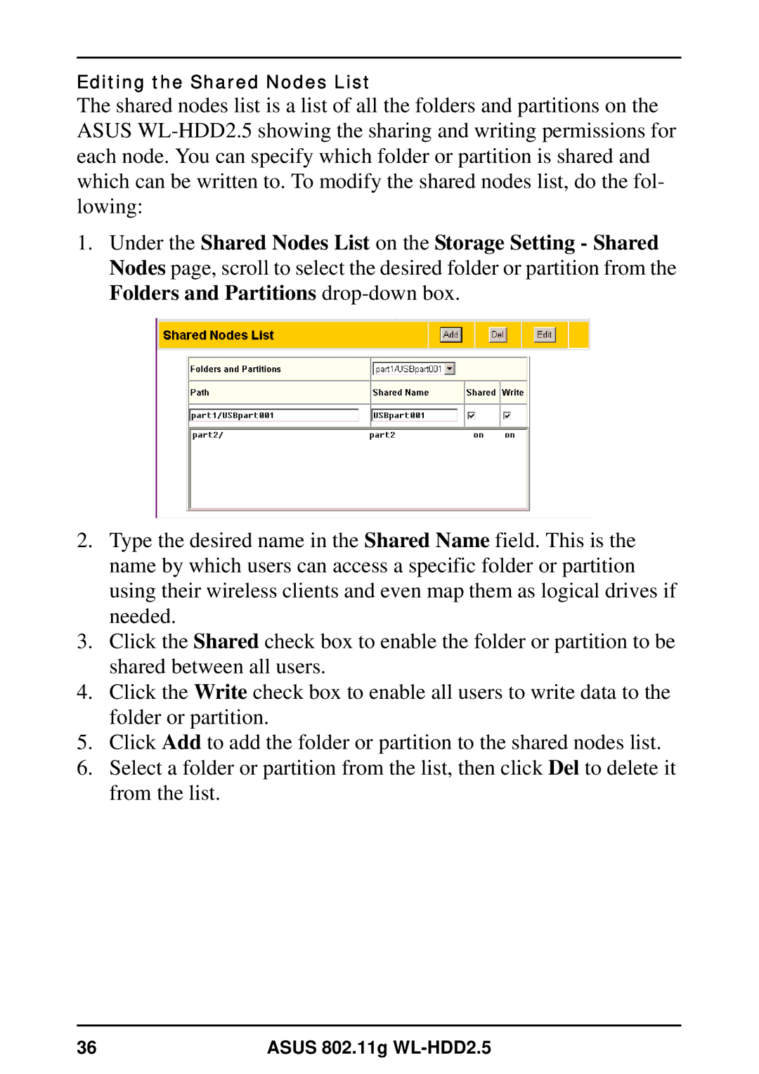 Asus WL-HDD2.5 user manual Editing the Shared Nodes List 