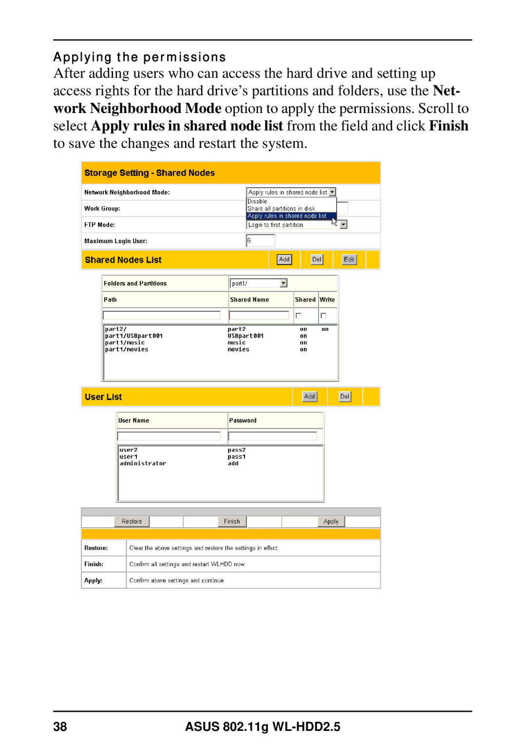 Asus WL-HDD2.5 user manual Applying the permissions 