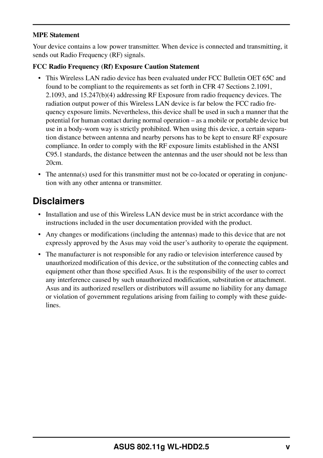 Asus WL-HDD2.5 user manual Disclaimers, MPE Statement 