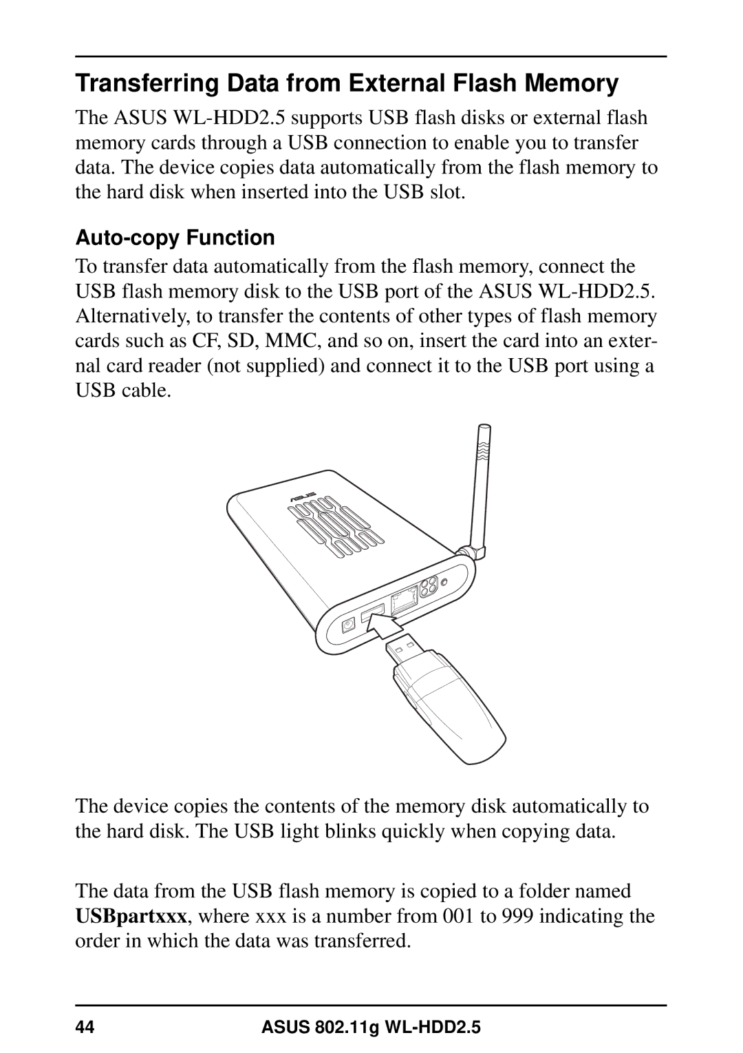 Asus WL-HDD2.5 user manual Transferring Data from External Flash Memory, Auto-copy Function 