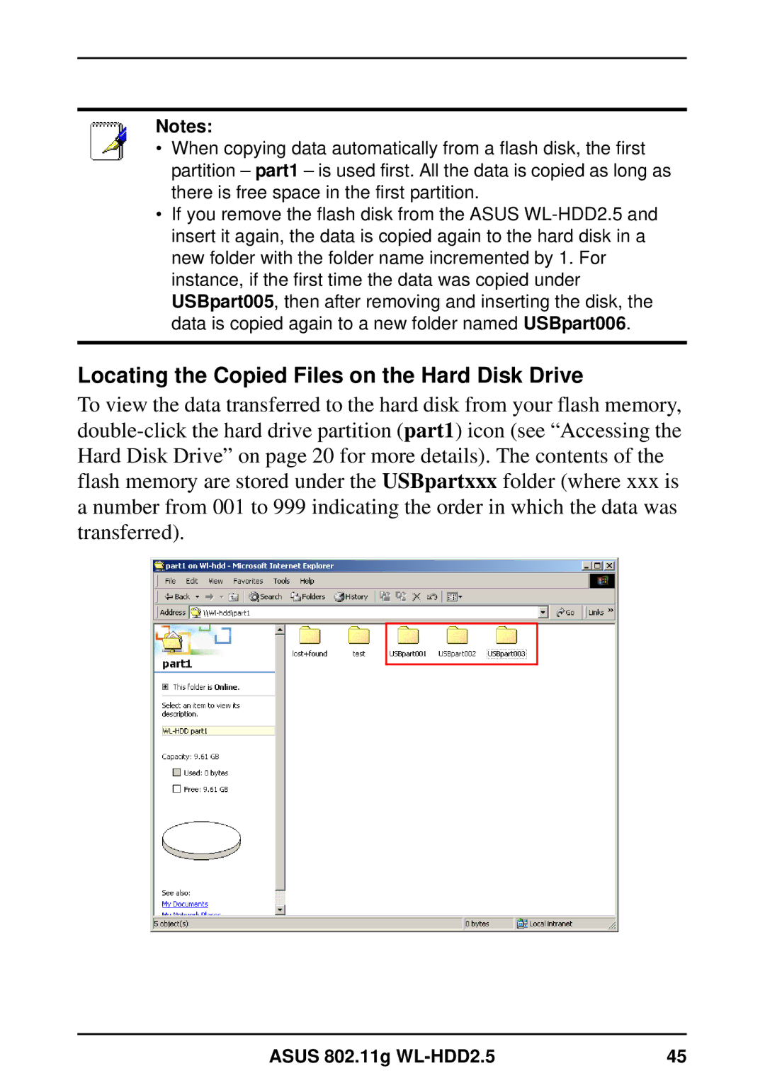 Asus WL-HDD2.5 user manual Locating the Copied Files on the Hard Disk Drive 