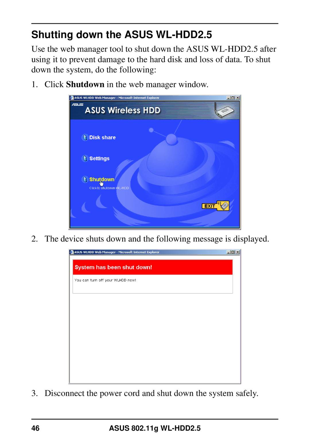 Asus user manual Shutting down the Asus WL-HDD2.5 