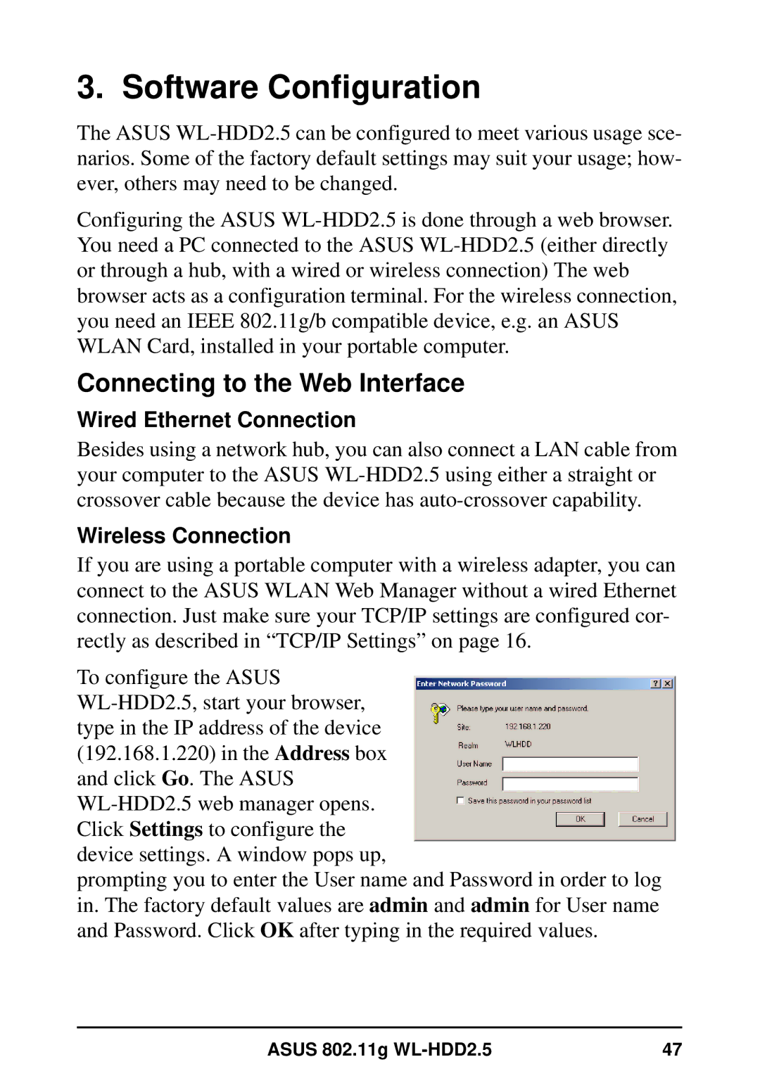 Asus WL-HDD2.5 user manual Connecting to the Web Interface, Wired Ethernet Connection, Wireless Connection 