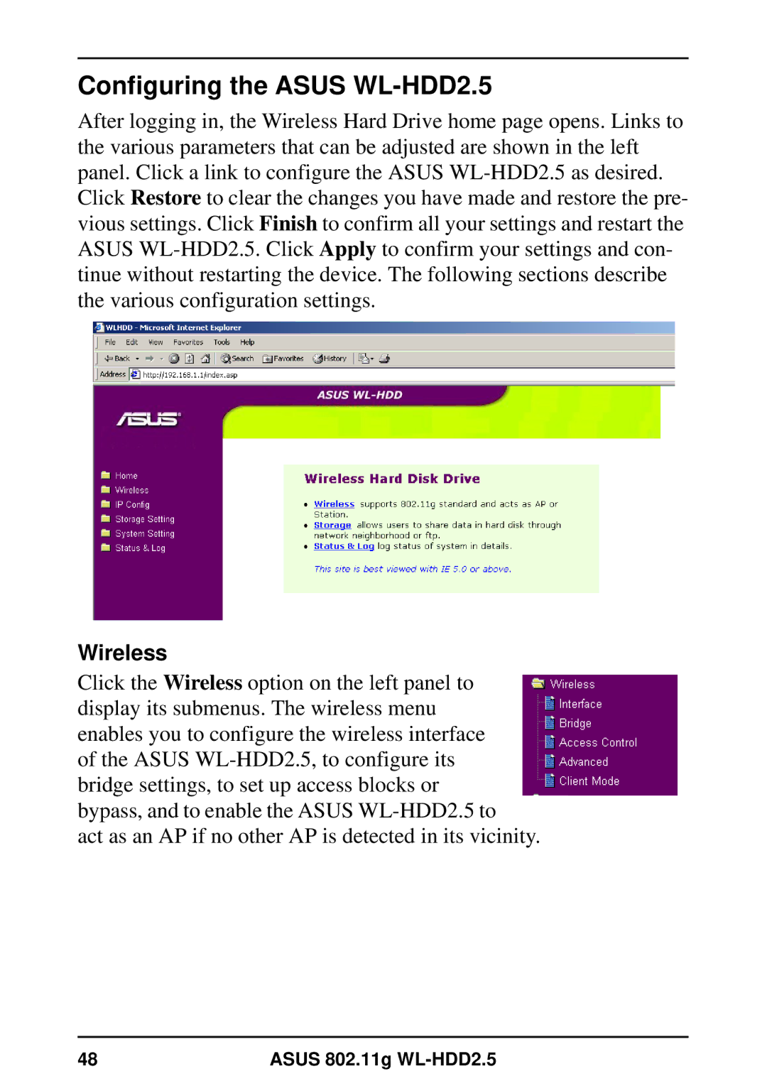 Asus user manual Configuring the Asus WL-HDD2.5, Wireless 