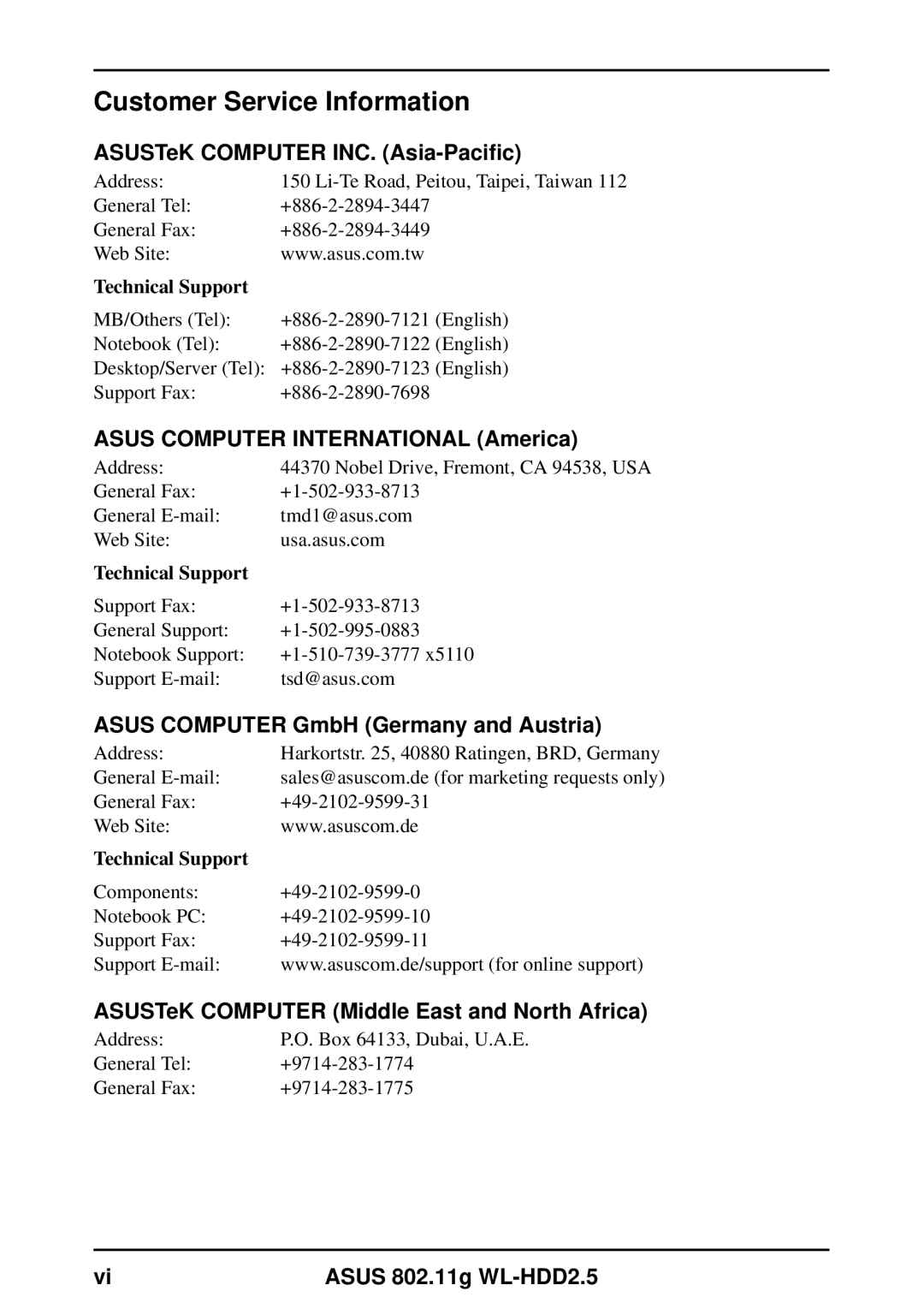 Asus WL-HDD2.5 user manual Customer Service Information, ASUSTeK Computer INC. Asia-Pacific 