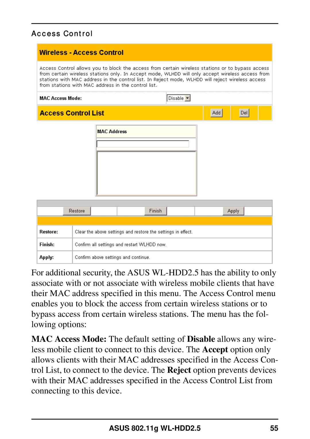 Asus WL-HDD2.5 user manual Access Control 