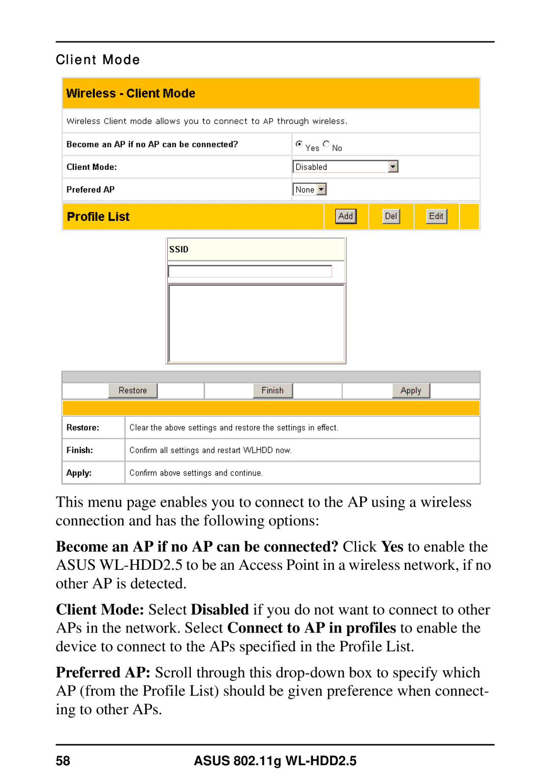 Asus WL-HDD2.5 user manual Client Mode 