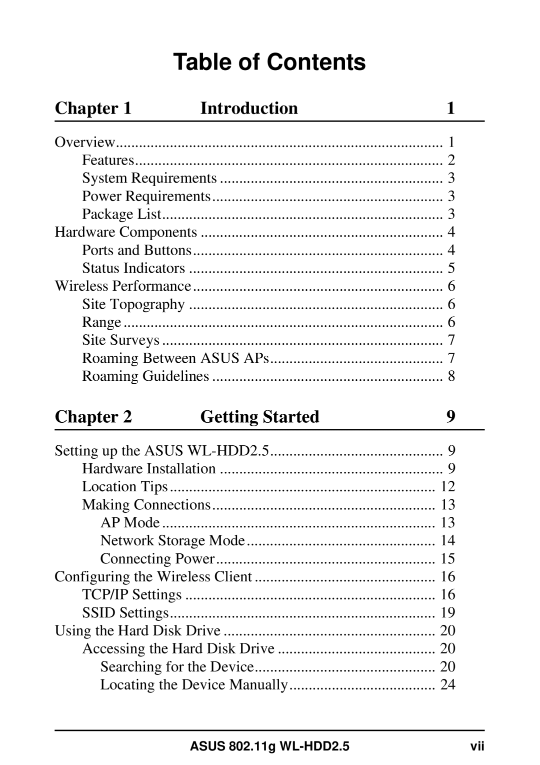 Asus WL-HDD2.5 user manual Table of Contents 