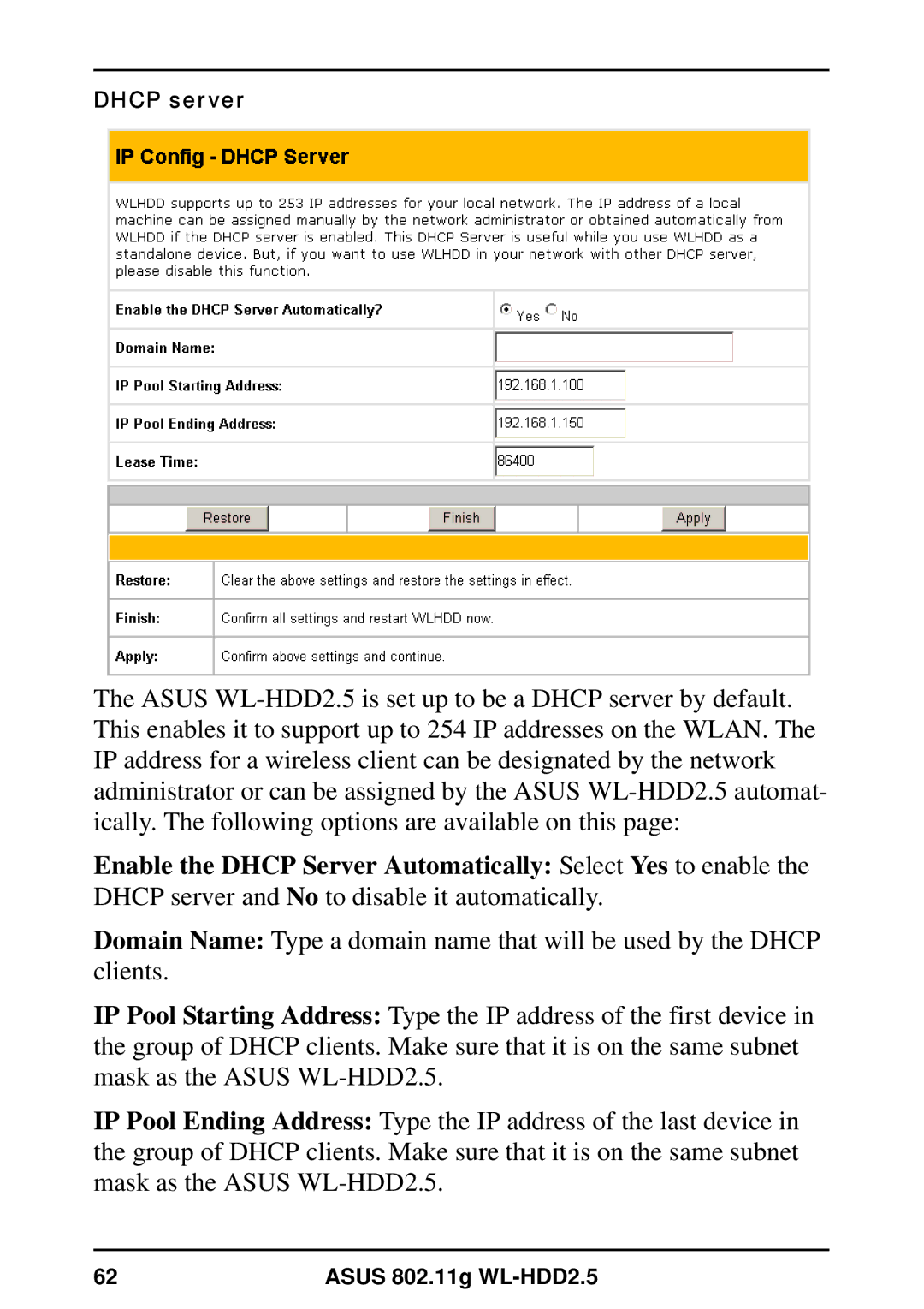 Asus WL-HDD2.5 user manual Dhcp server 