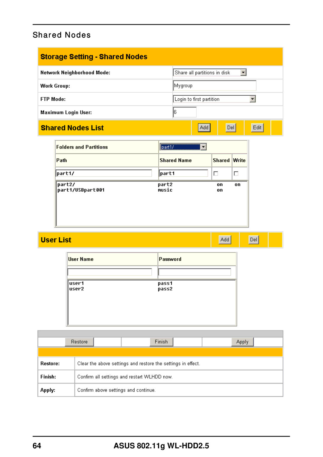 Asus user manual Shared Nodes Asus 802.11g WL-HDD2.5 