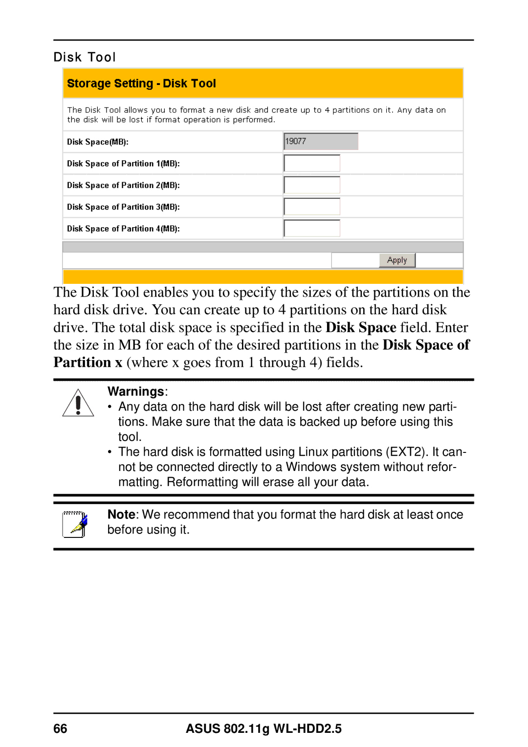 Asus WL-HDD2.5 user manual Disk Tool 