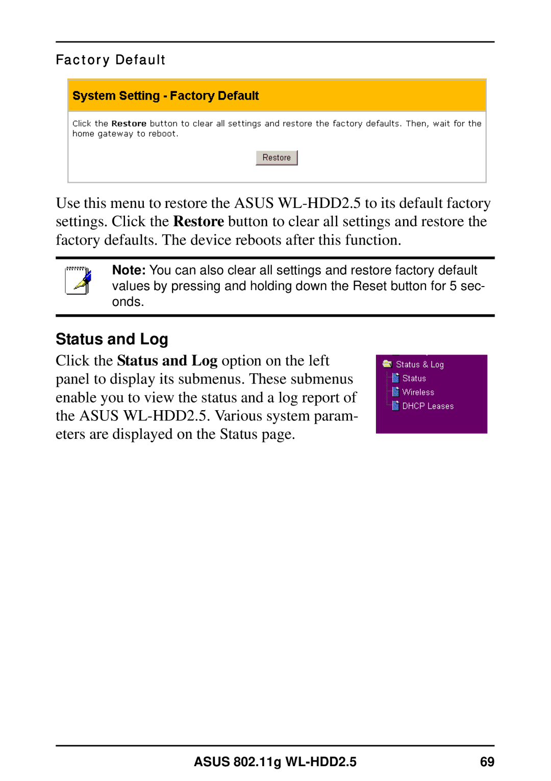 Asus WL-HDD2.5 user manual Status and Log 