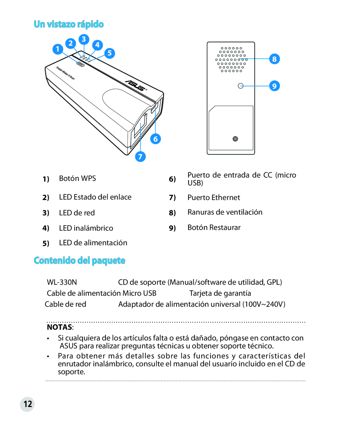 Asus WL330N quick start Un vistazo rápido, Contenido del paquete 