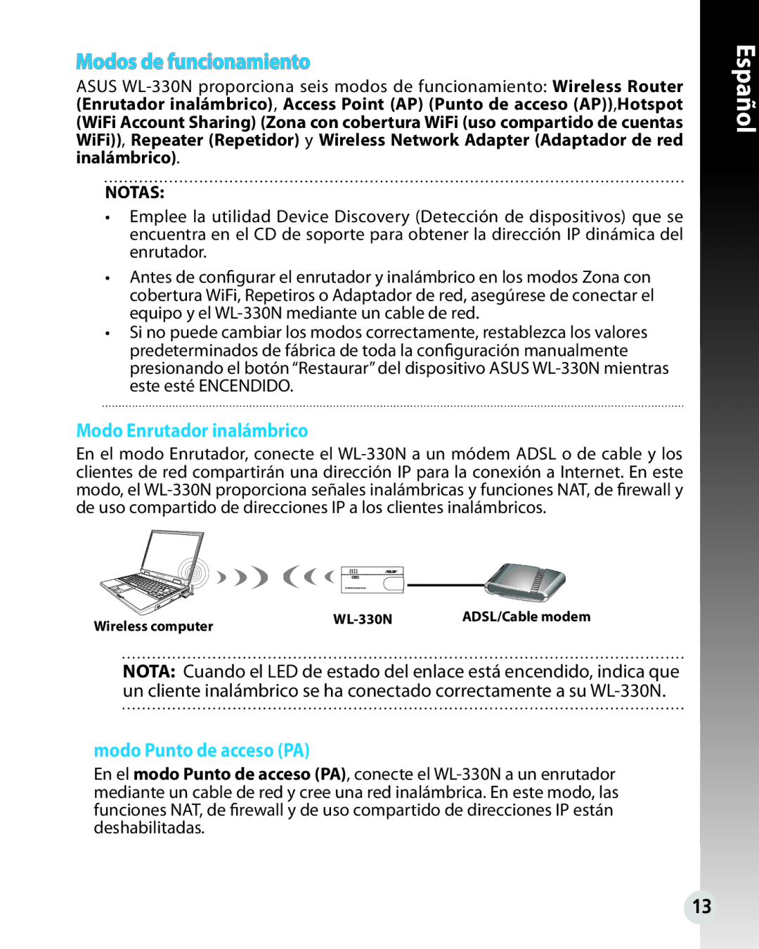 Asus WL330N quick start Modos de funcionamiento, Modo Enrutador inalámbrico, Modo Punto de acceso PA 