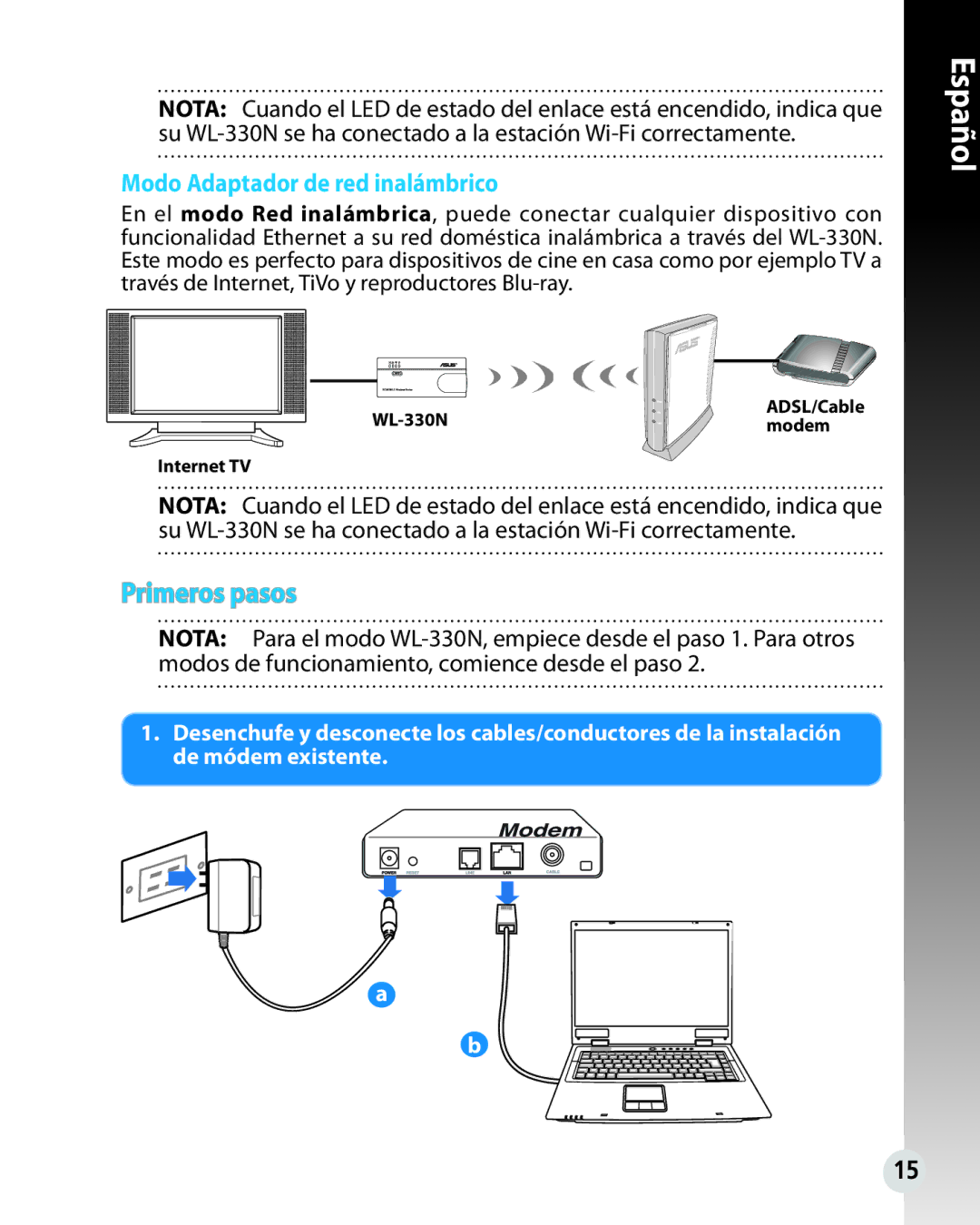 Asus WL330N quick start Primeros pasos, Modo Adaptador de red inalámbrico 