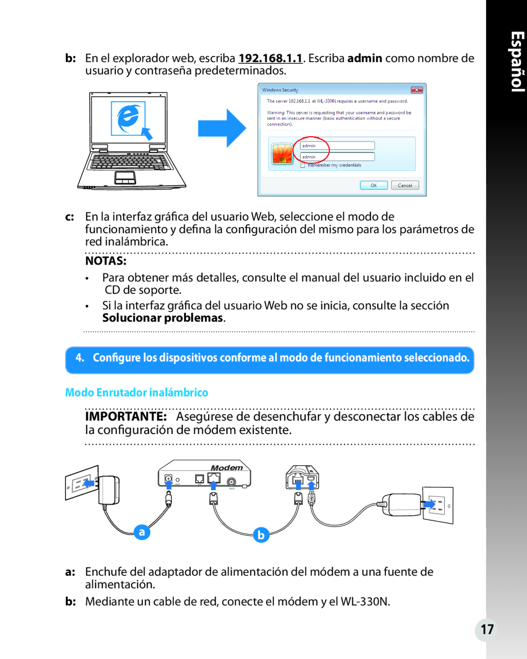 Asus WL330N quick start Modo Enrutador inalámbrico 