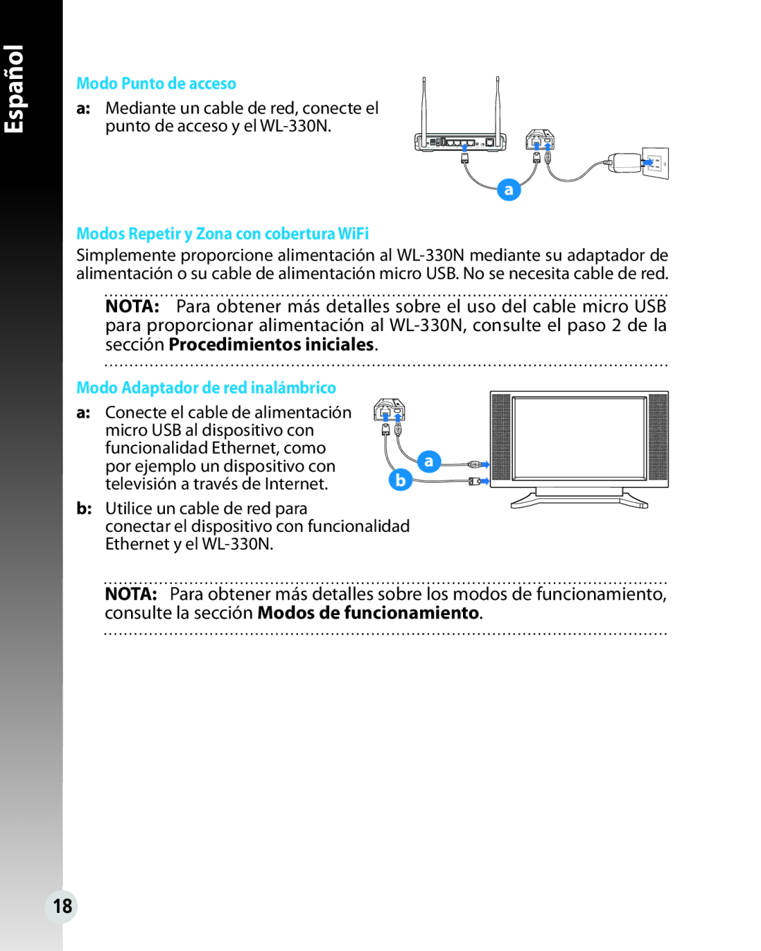 Asus WL330N quick start Modo Punto de acceso, Modos Repetir y Zona con cobertura WiFi 