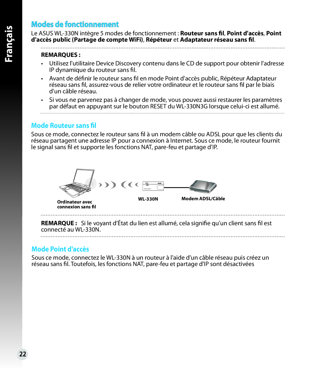 Asus WL330N quick start Mode Routeur sans fil, Mode Point daccès 