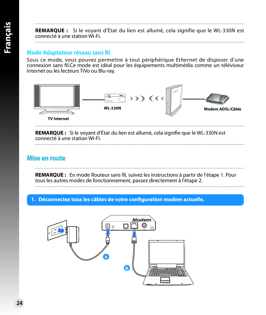 Asus WL330N quick start Mise en route, Mode Adaptateur réseau sans fil 