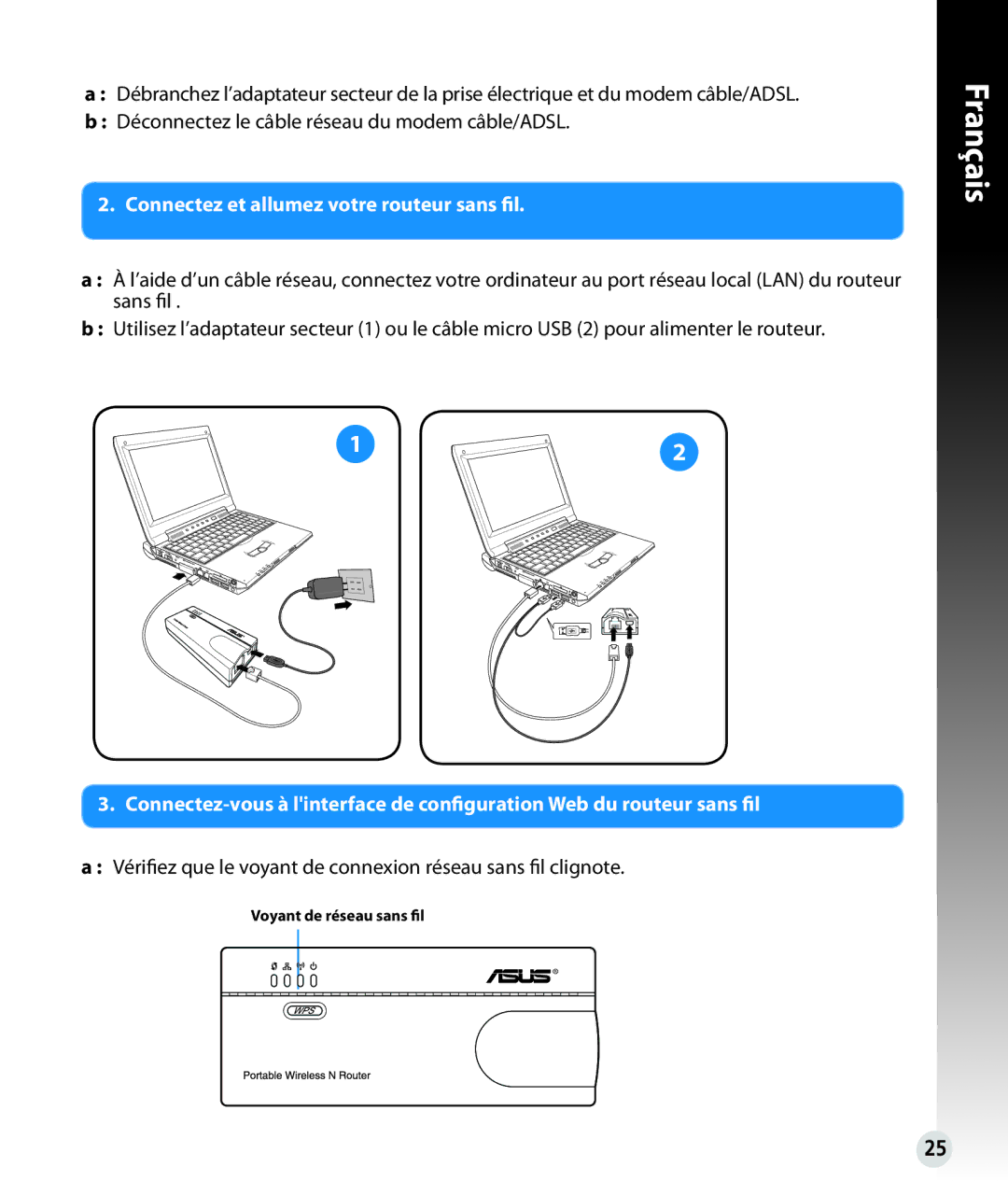 Asus WL330N quick start Connectez et allumez votre routeur sans fil 