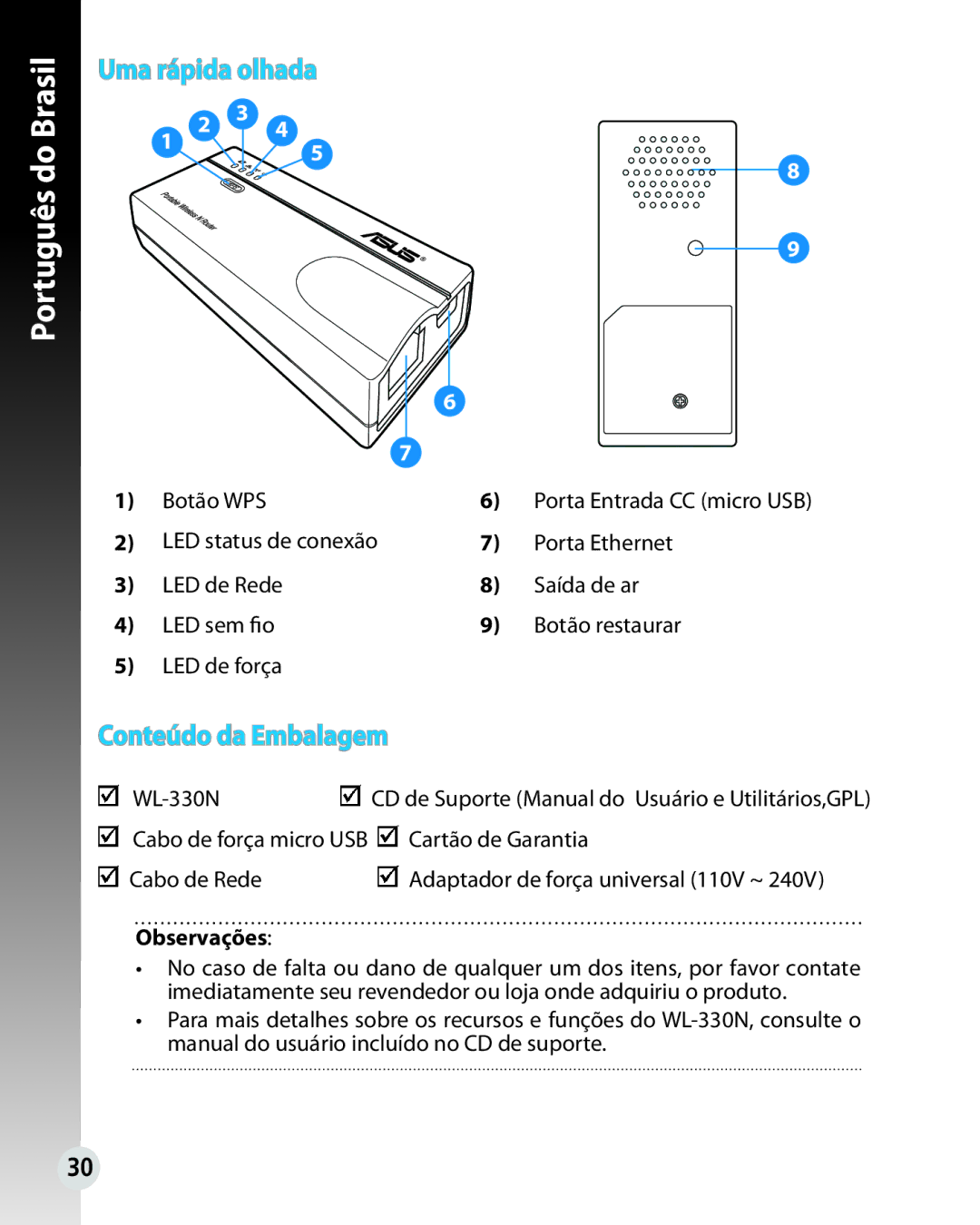 Asus WL330N quick start Uma rápida olhada, Conteúdo da Embalagem 