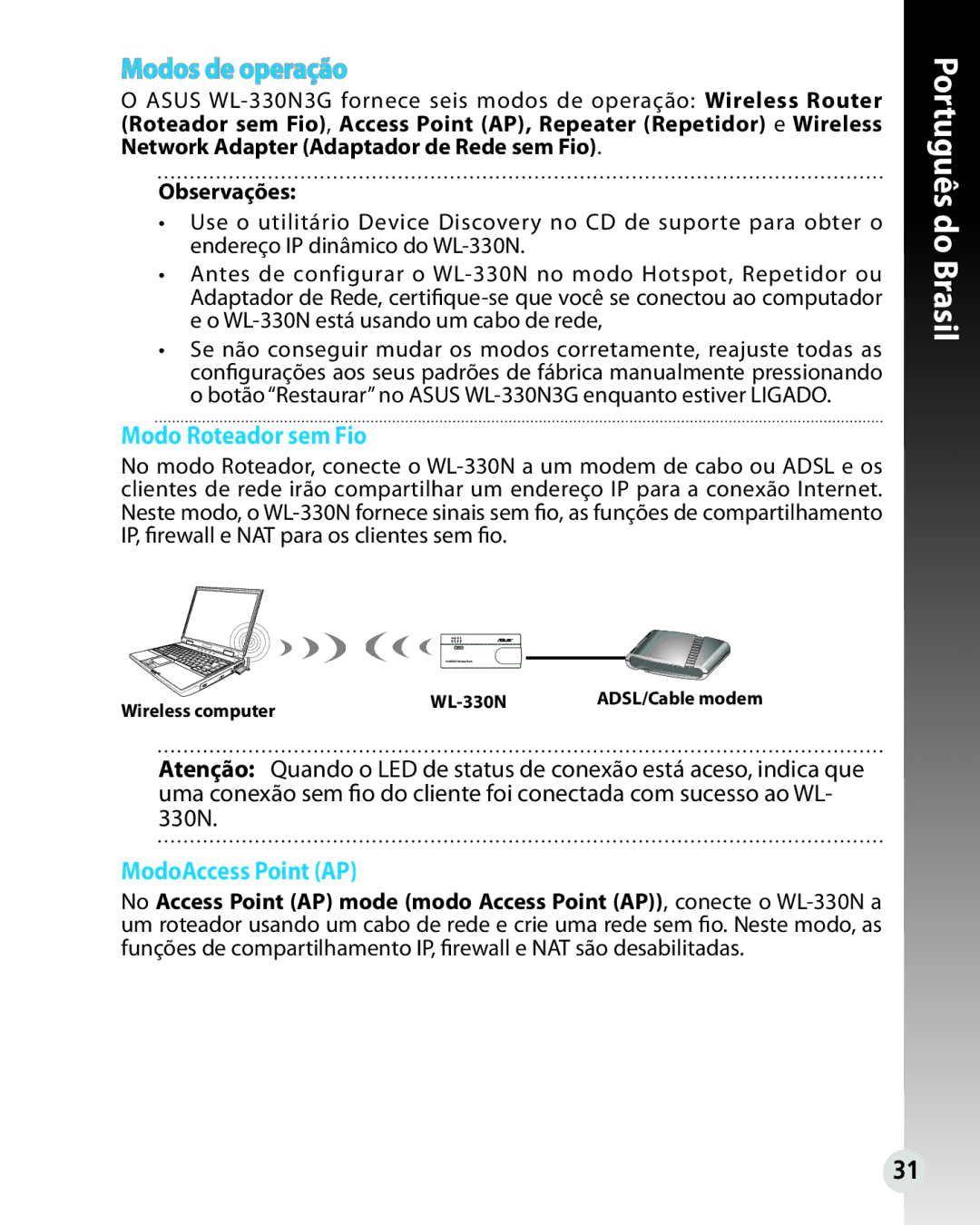 Asus WL330N quick start Modos de operação, Modo Roteador sem Fio, ModoAccess Point AP 