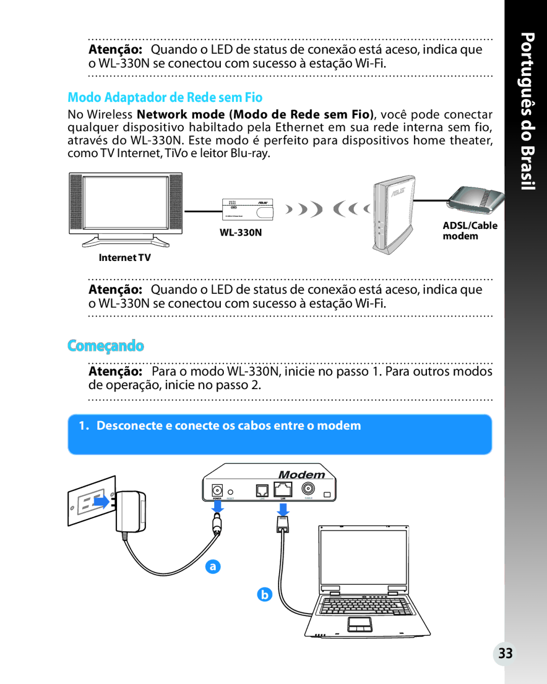 Asus WL330N quick start Começando, Modo Adaptador de Rede sem Fio, Desconecte e conecte os cabos entre o modem 