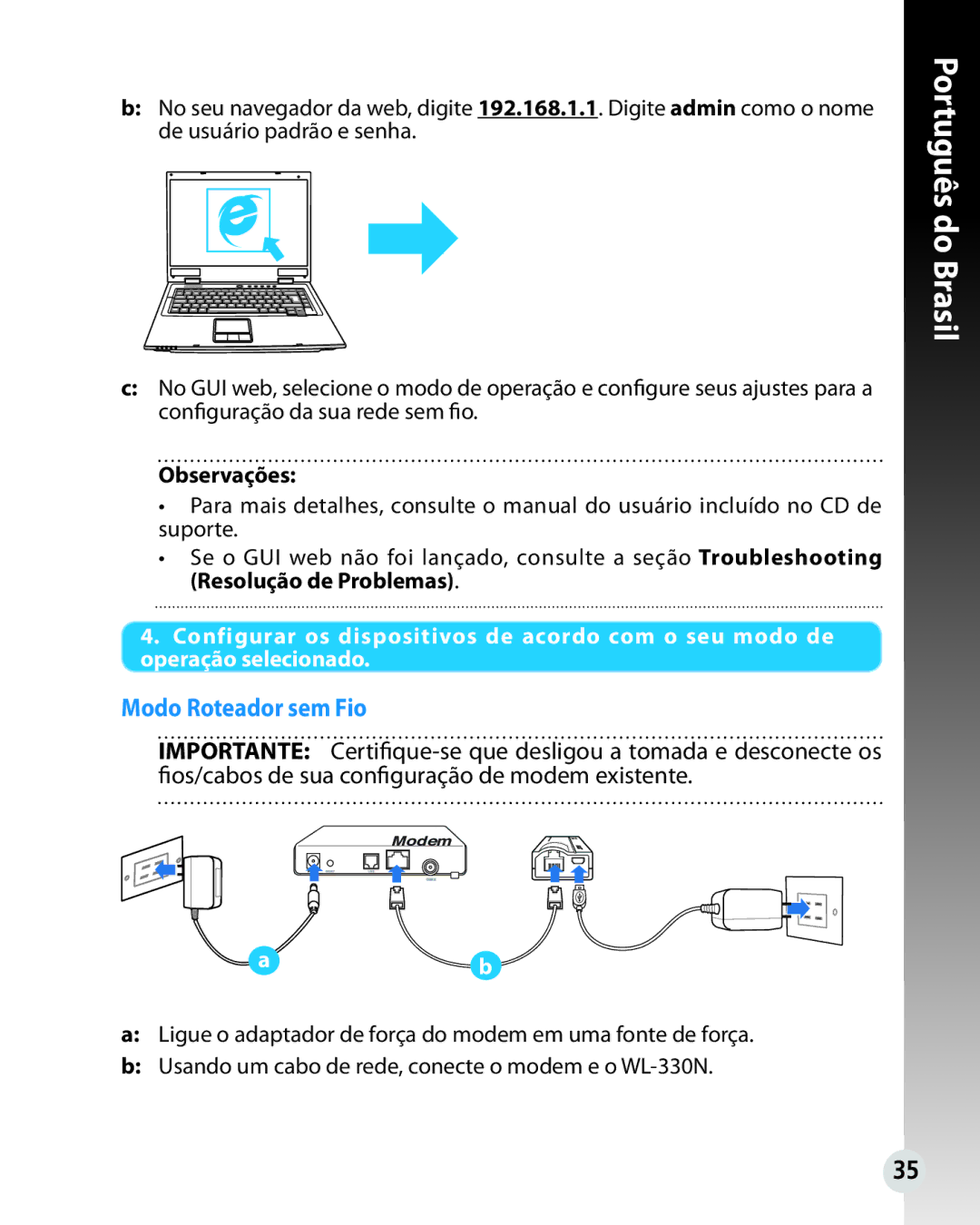 Asus WL330N quick start Modo Roteador sem Fio 