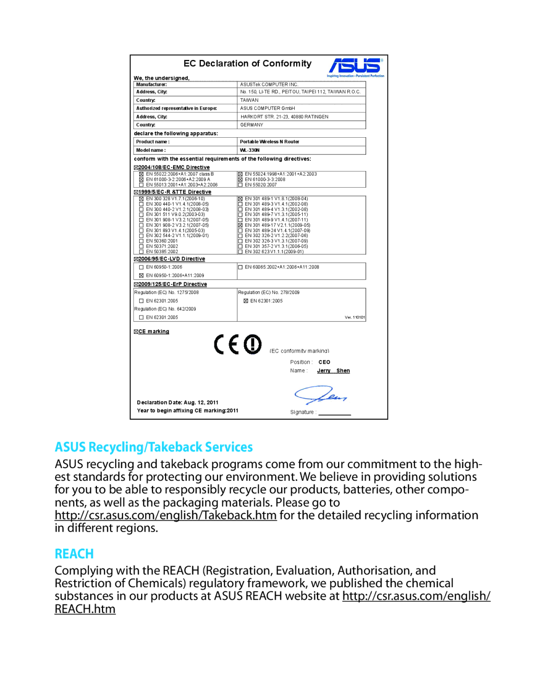 Asus WL330N quick start Asus Recycling/Takeback Services, EC Declaration of Conformity 