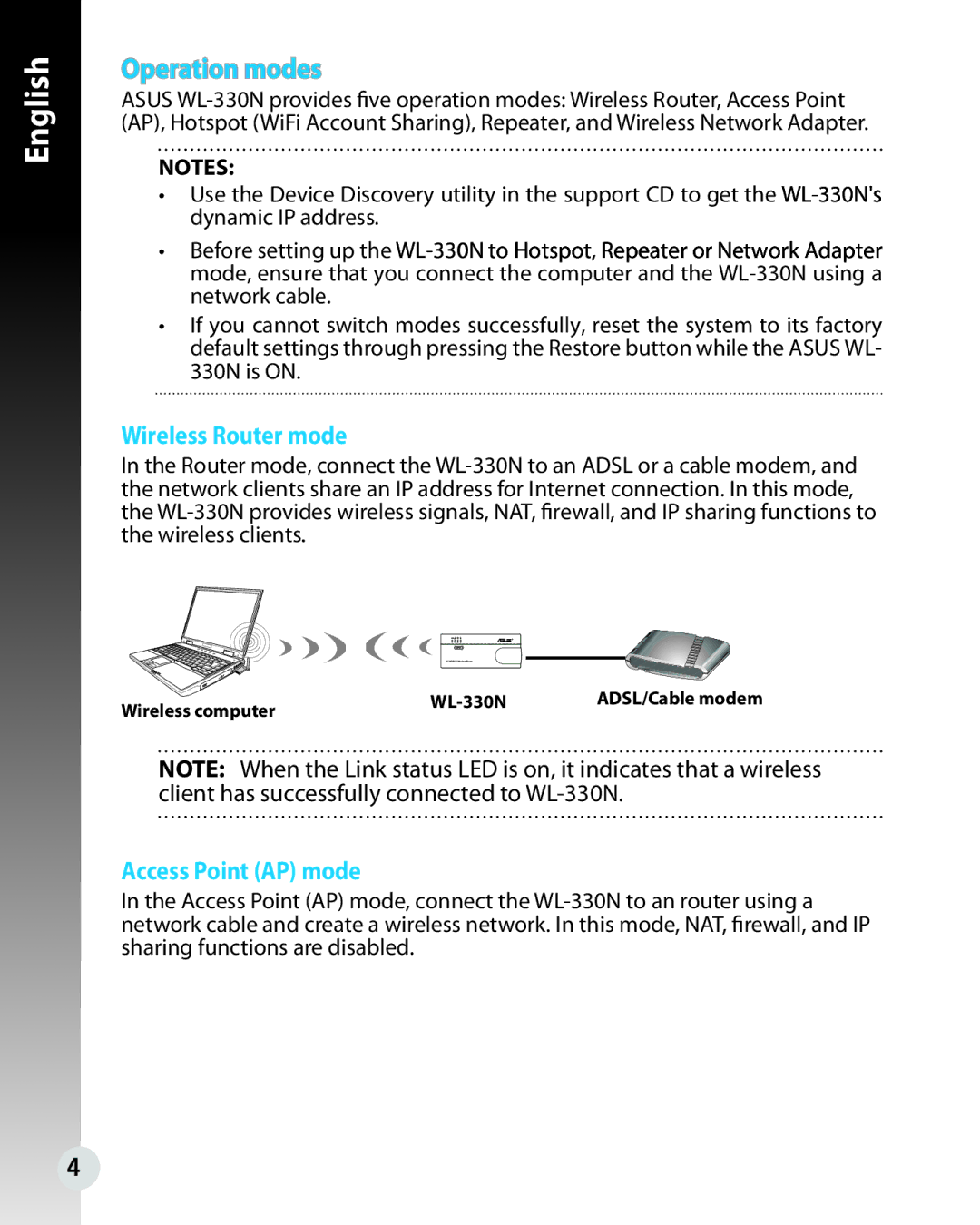 Asus WL330N quick start Operation modes, Wireless Router mode, Access Point AP mode 