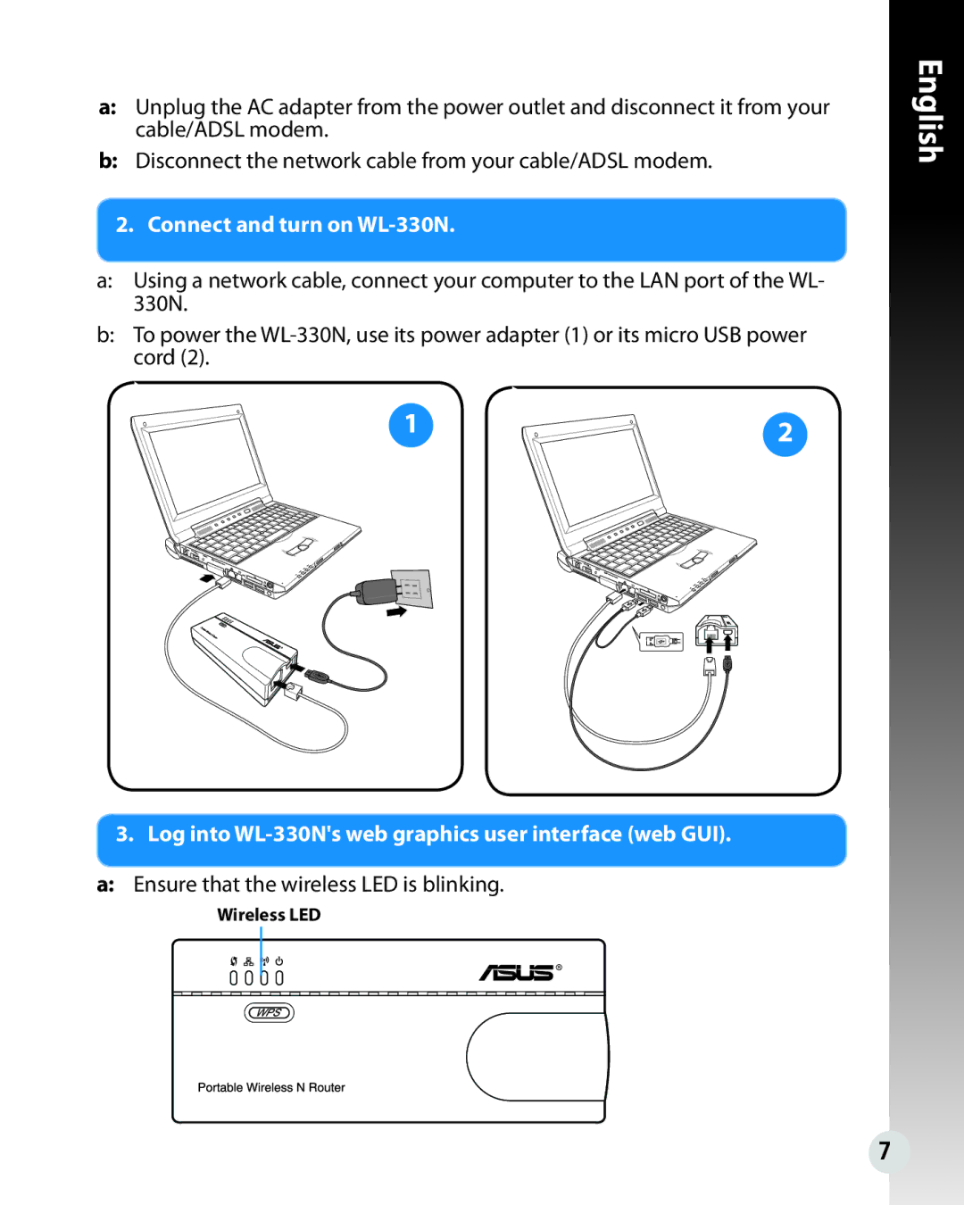 Asus WL330N quick start Connect and turn on WL-330N, Log into WL-330Ns web graphics user interface web GUI 