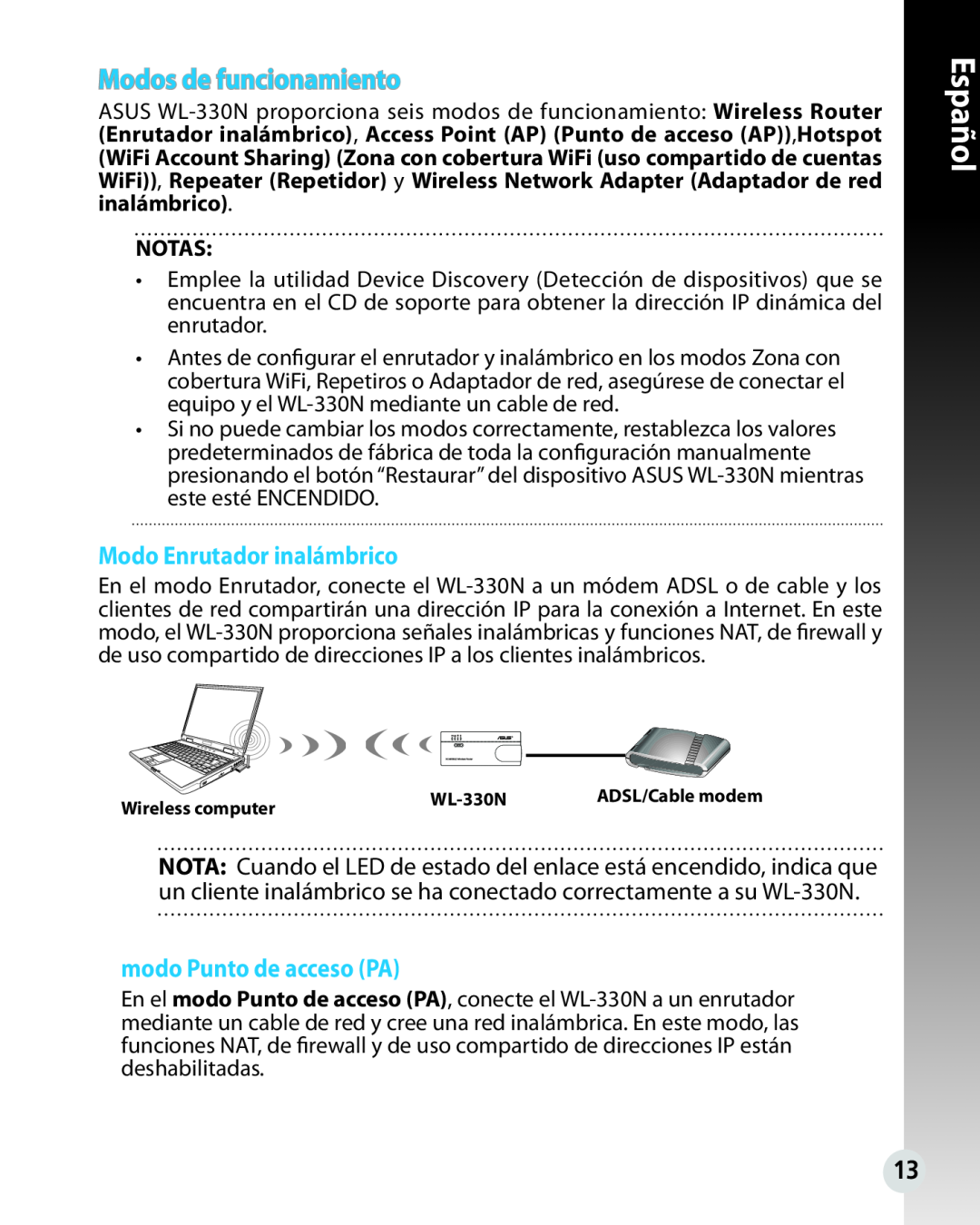 Asus WL330N quick start Modos de funcionamiento, Modo Enrutador inalámbrico, modo Punto de acceso PA, Español 