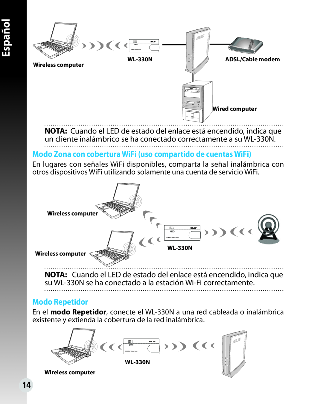 Asus WL330N quick start Modo Zona con cobertura WiFi uso compartido de cuentas WiFi, Modo Repetidor, Español 
