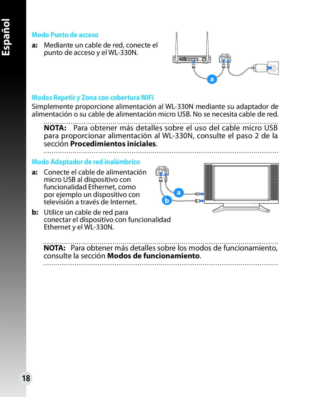 Asus WL330N quick start Modo Punto de acceso, Modos Repetir y Zona con cobertura WiFi, Español, English 