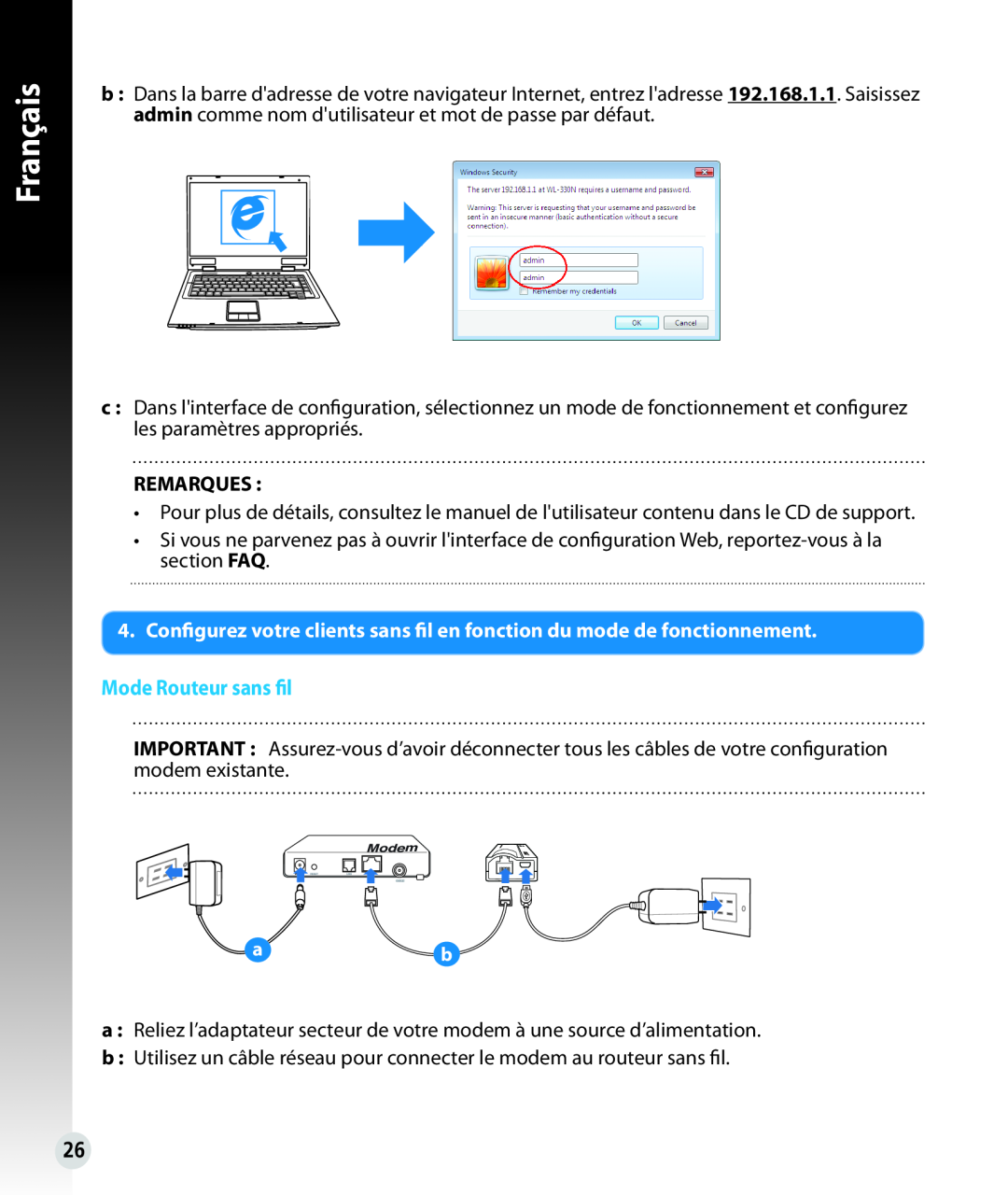 Asus WL330N quick start Mode Routeur sans fil, Français 