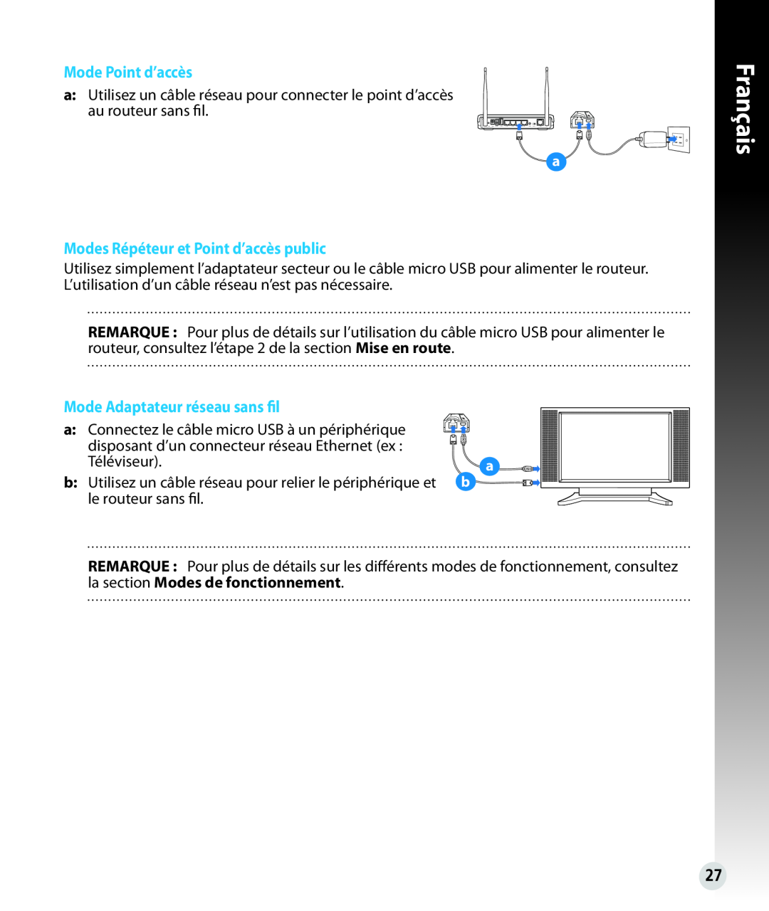 Asus WL330N Mode Point d’accès, Modes Répéteur et Point d’accès public, Mode Adaptateur réseau sans fil, Français 