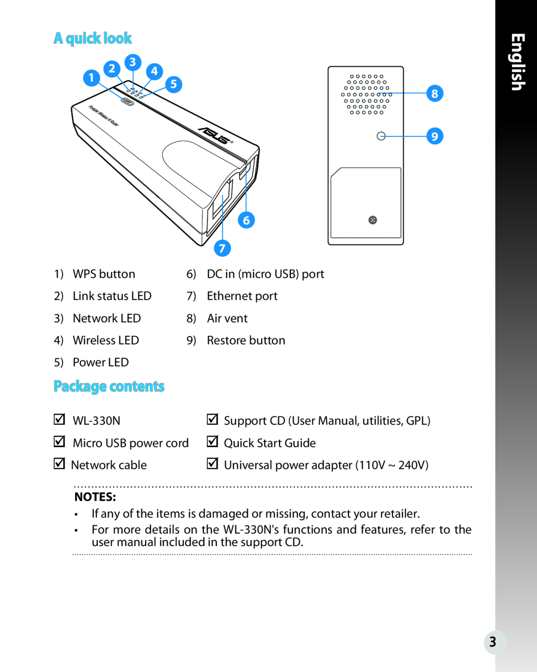 Asus WL330N quick start English, A quick look, Package contents 