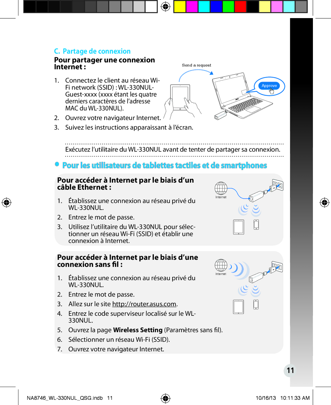 Asus WL330NUL Partage de connexion, Pour partager une connexion Internet, Établissez une connexion au réseau privé du 