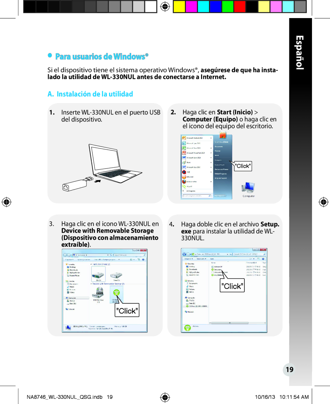 Asus WL330NUL quick start Para usuarios de Windows, Instalación de la utilidad, Haga clic en Start Inicio, Del dispositivo 