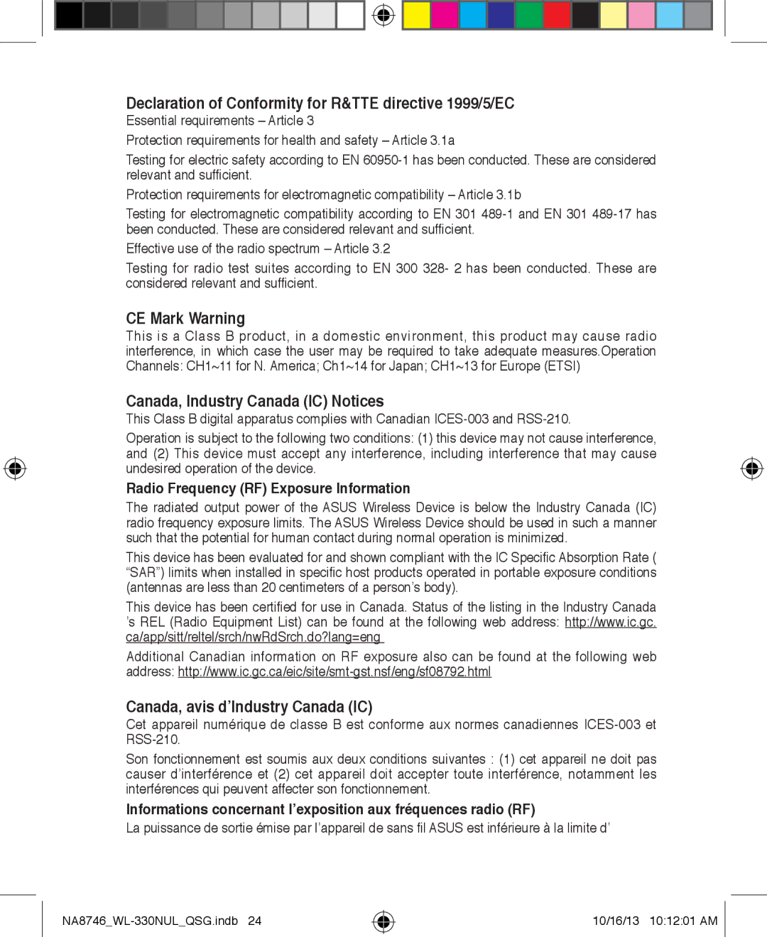 Asus WL330NUL quick start Declaration of Conformity for R&TTE directive 1999/5/EC 