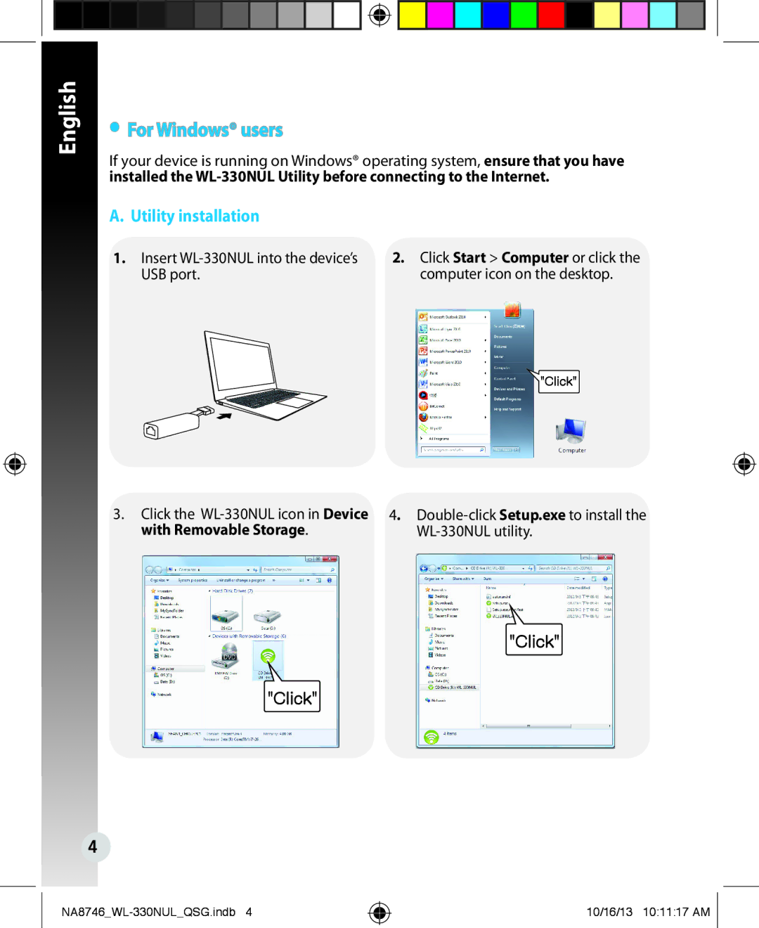 Asus WL330NUL quick start For Windows users, Utility installation, Insert WL-330NUL into the device’s, USB port 