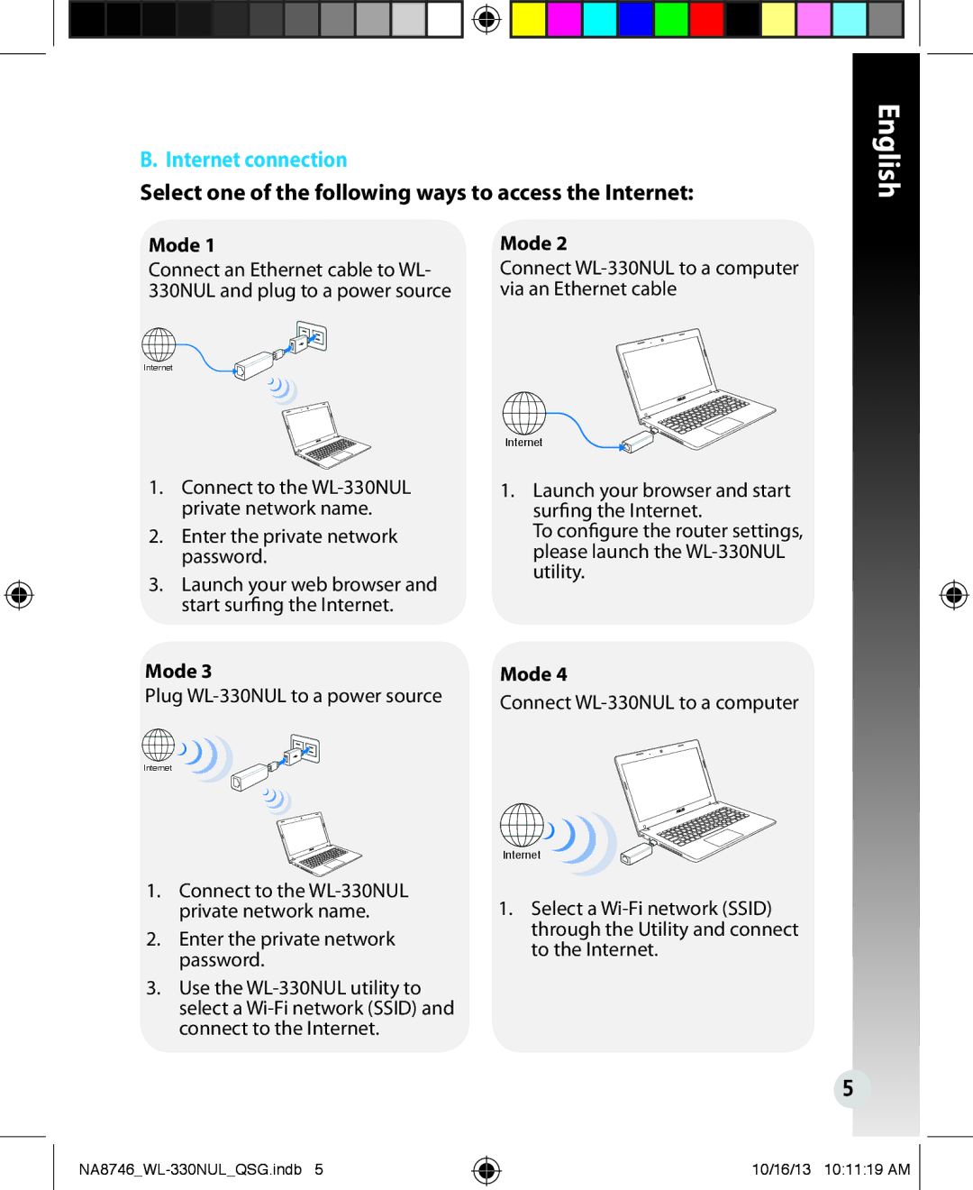 Asus WL330NUL quick start Internet connection, Select one of the following ways to access the Internet, Mode 